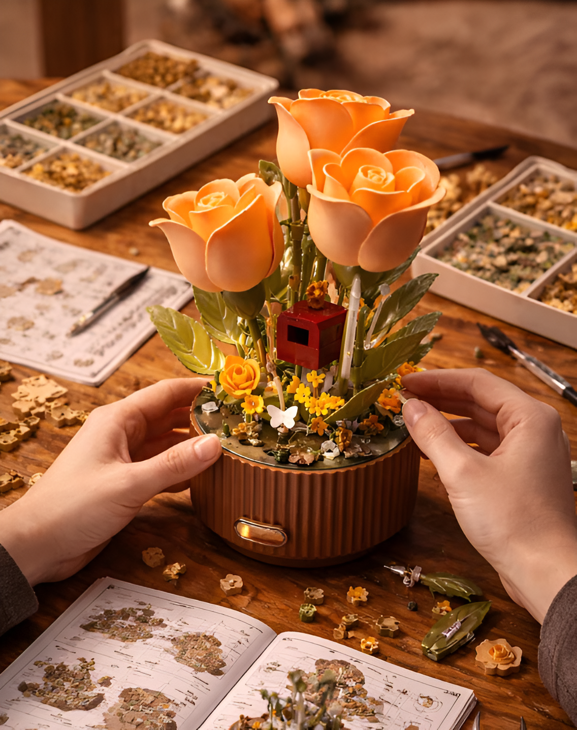 Blooming Rose Building Blocks Decorative Flower Lamp